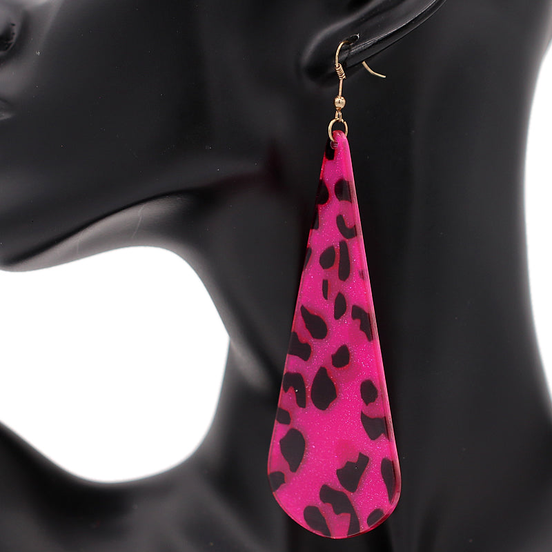 Pink Leopard Print Long Teardrop Acrylic Earrings
