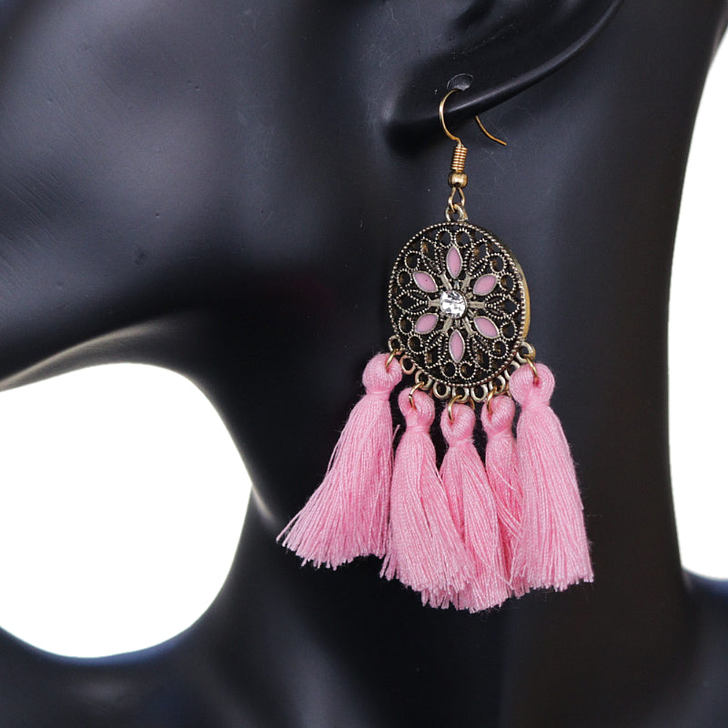 Pink Tassel Fringe Drop Earrings