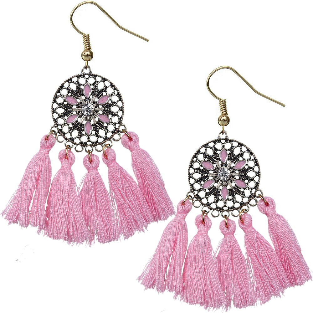 Pink Tassel Fringe Drop Earrings