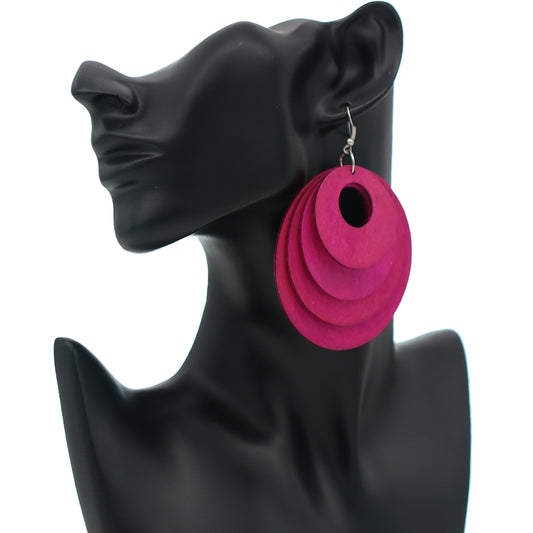 Pink Layered Wooden Dangle Earrings