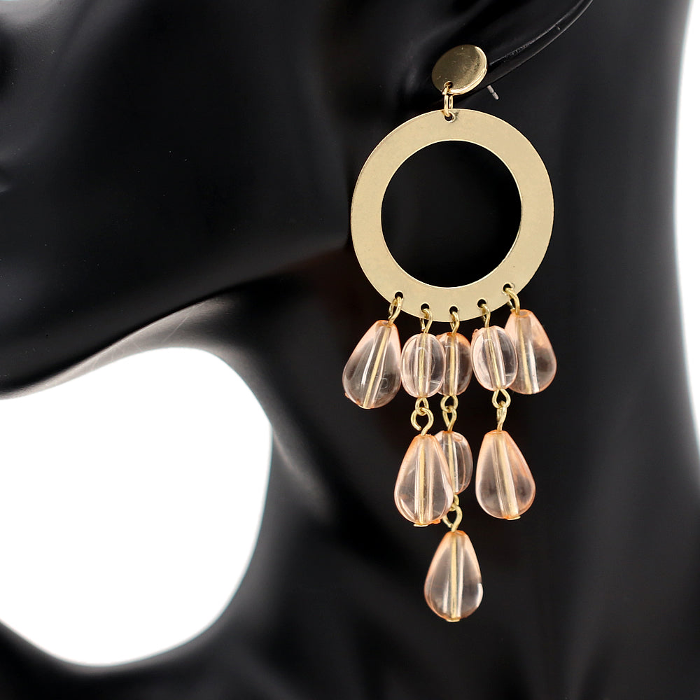 Pink Transparent Beaded Hoop Dangle Earrings
