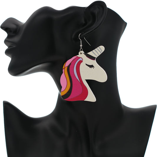 Pink Unicorn Rainbow Hair Wooden Earrings