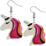 Pink Unicorn Rainbow Hair Wooden Earrings