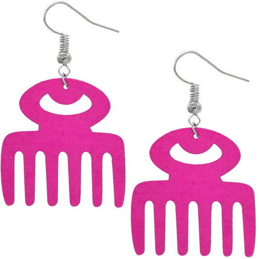 Pink Afro Pick Wooden Dangle Earrings
