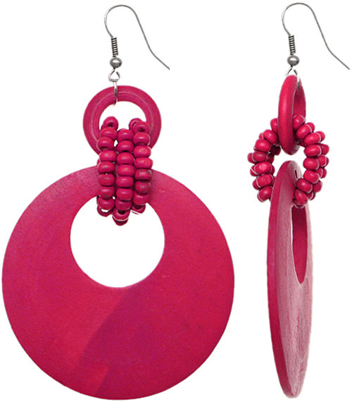 Pink Wooden Bead Hoop Earrings