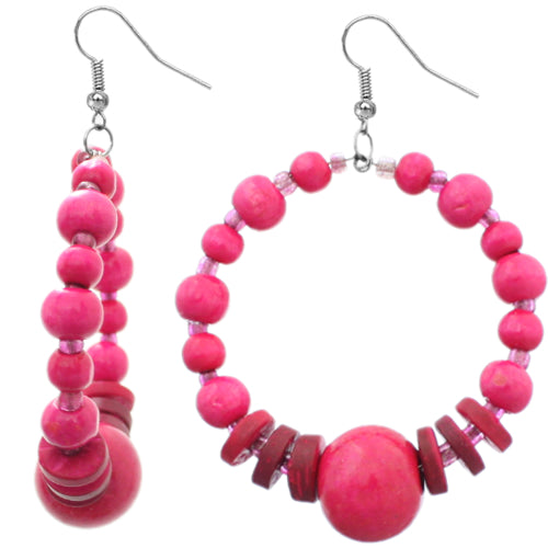 Pink Wooden Beaded Hoop Earrings
