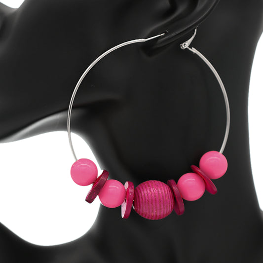 Pink Large Beaded Hoop Earrings
