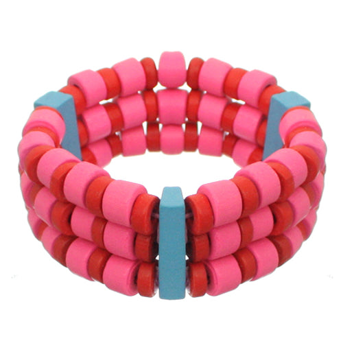 Red Pink Wooden Beaded Stretch Bracelet