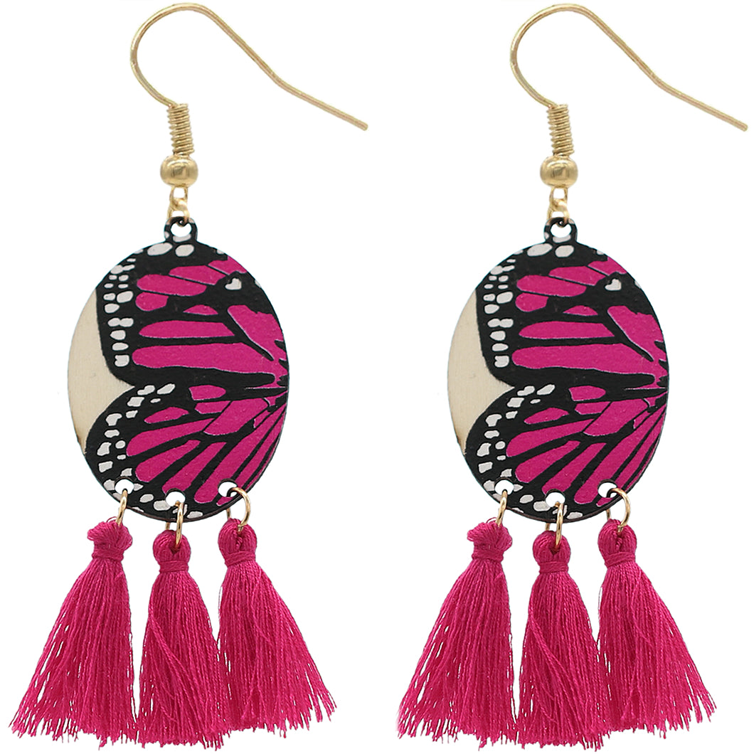 Pink Butterfly Tassel Wooden Dangle Earrings