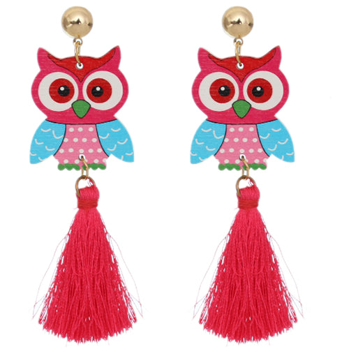 Pink Wooden Owl Tassel Earrings