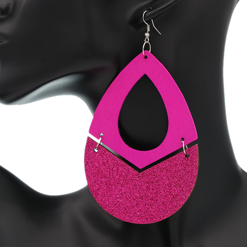 Pink Glitter Wooden Link Teadrop Earrings