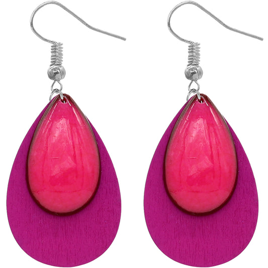 Pink Wooden Double Teardrop Earrings