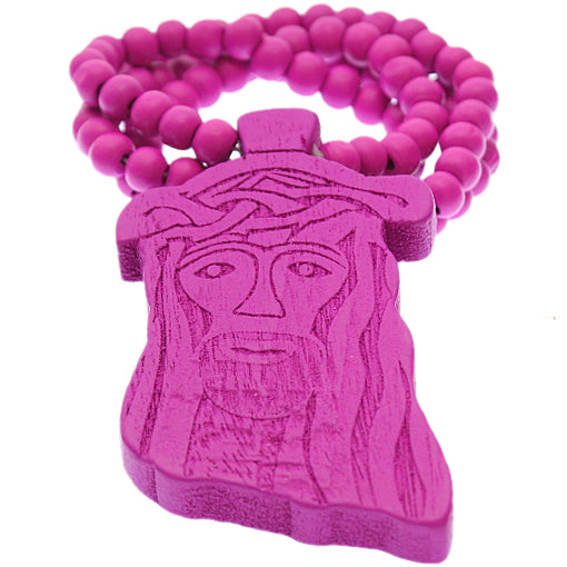 Pink Wooden Beaded Chunky Jesus Piece Necklace