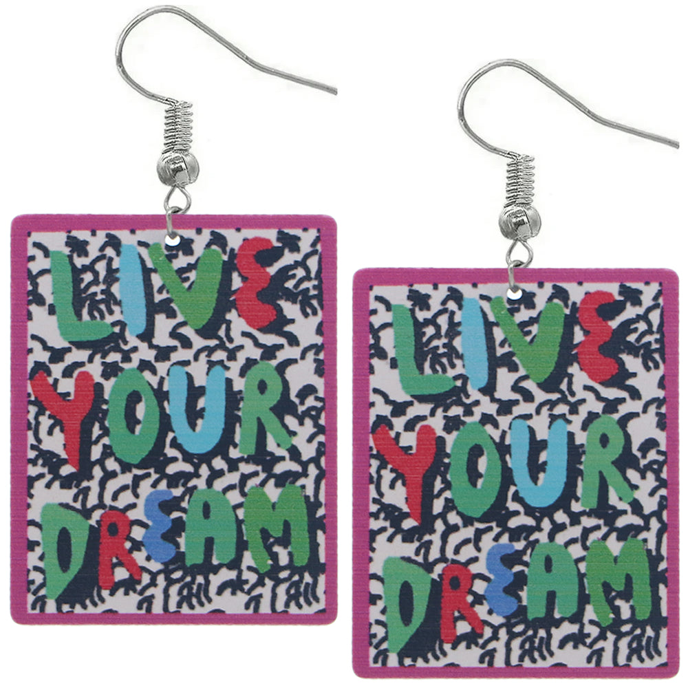 Pink Live Your Dream Wooden Earrings