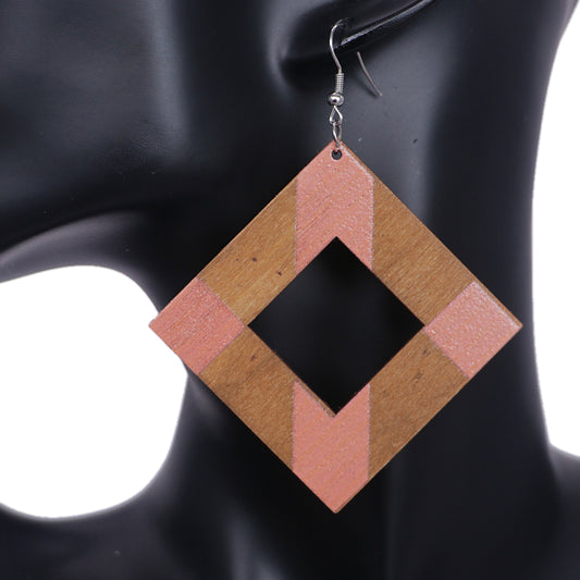 Pink Wooden Rhombus Shape Dangle Earrings