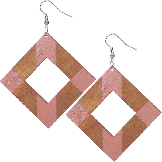 Pink Wooden Rhombus Shape Dangle Earrings