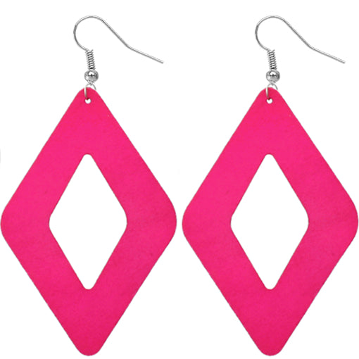 Pink Wooden Rhombus Shaped Dangle Earrings