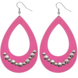Pink Wooden Large Teardrop Studded Earrings