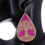 Pink Tree Of Life Wooden Teardrop Earrings