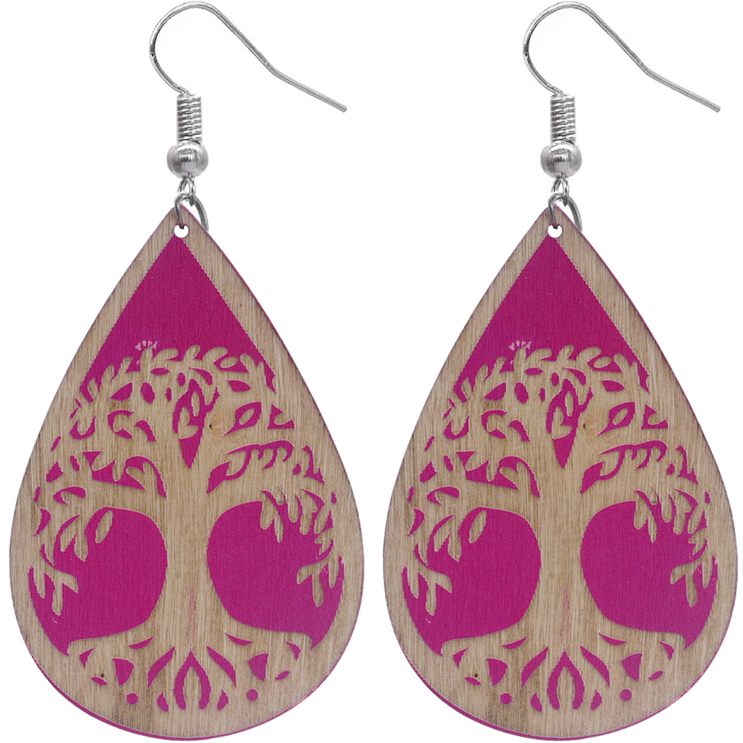 Pink Tree Of Life Wooden Teardrop Earrings
