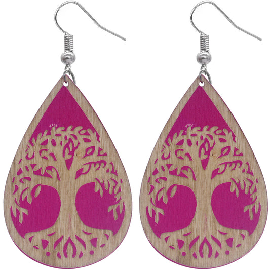 Pink Tree Of Life Wooden Teardrop Earrings