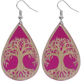 Pink Tree Of Life Wooden Teardrop Earrings