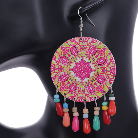 Pink Multicolor Wooden Bead Kaleidoscope Pattern Earrings