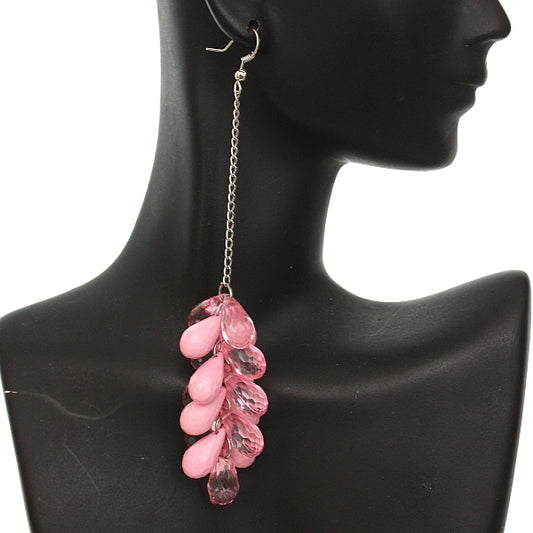 Pink Beaded Layer Drop Chain Earrings