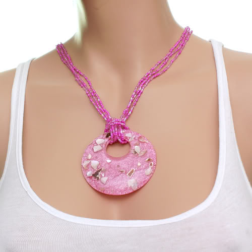 Pink Open Circle Faux Marble Beaded Necklace Set