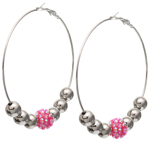 Pink Beaded Rhinestone Fireball Hoop Earrings