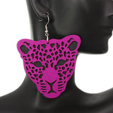 Pink Wooden Cheetah Face Dangle Earrings
