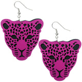 Pink Wooden Cheetah Face Dangle Earrings