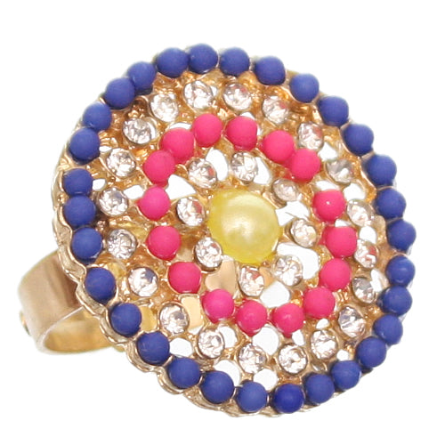 Blue Pink Circular Beaded Adjustable Ring