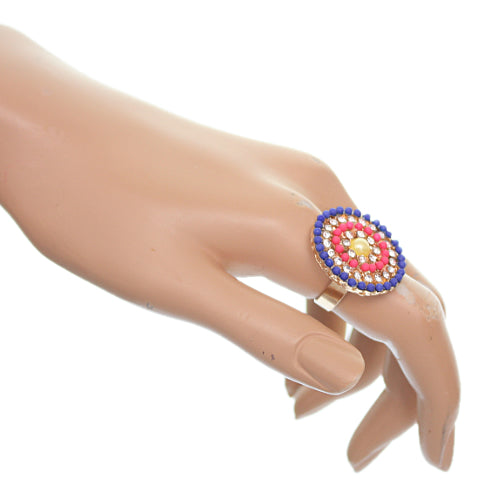 Blue Pink Circular Beaded Adjustable Ring