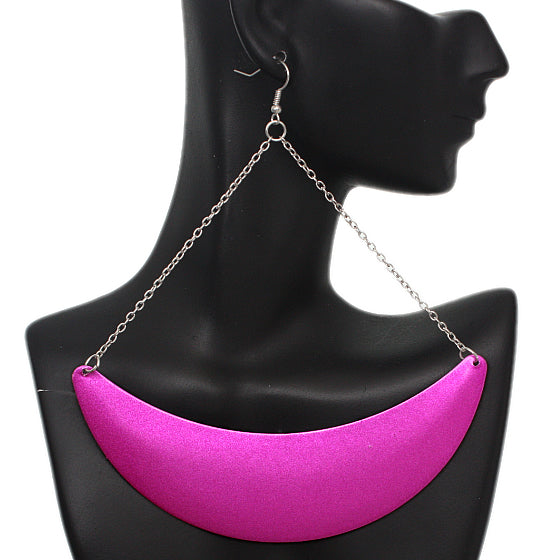 Pink Drop Chain Metal Crescent Earrings