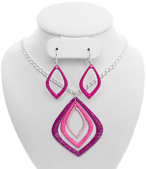 Pink Layered Glitter Teadrop Charm Necklace Set