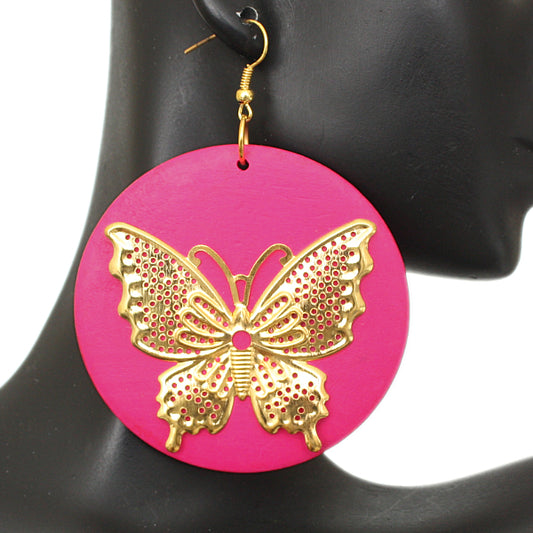 Pink Gold Wooden Butterfly Dangle Earrings