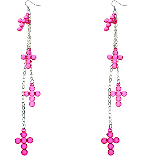 Pink Long Chain Cross Earrings