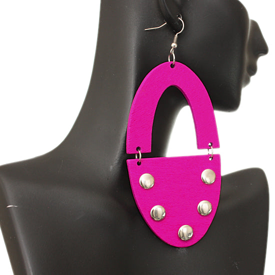 Pink Wooden Oval Studded Earrings