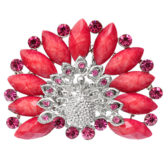 Pink Rhinestone Peacock Stretch Ring