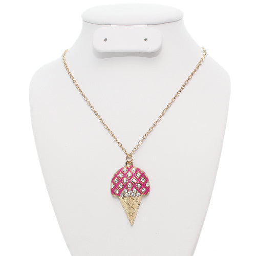 Pink Rhinestone Ice Cream Cone Charm Necklace