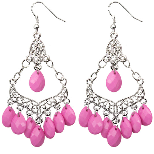 Pink Beaded Chandelier Dangle Earrings