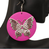 Pink Silver Wooden Butterfly Dangle Earrings
