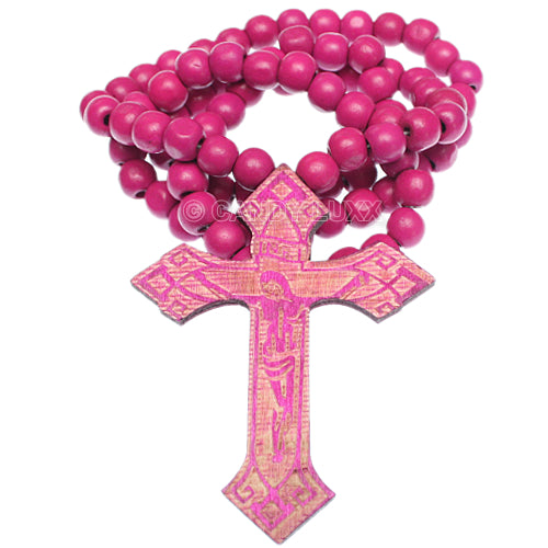 Pink Wooden Beaded Cross Necklace