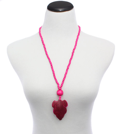Dark Pink Wooden Beaded Leaf Charm Necklace