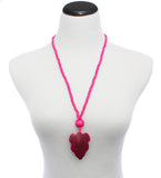 Dark Pink Wooden Beaded Leaf Charm Necklace
