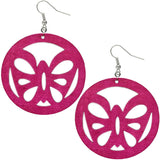 Pink Round Large Wooden Butterfly Earrings