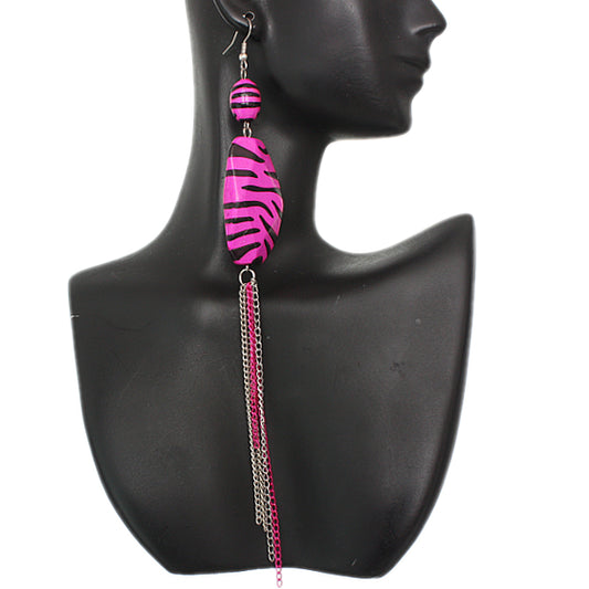 Pink Zebra Stripe Drop Chain Earrings