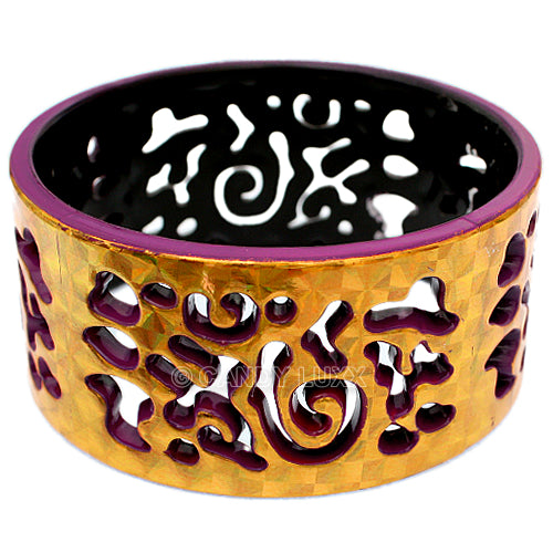 Plum Purple Gold Cutout Chinese Textured Bangle Bracelet