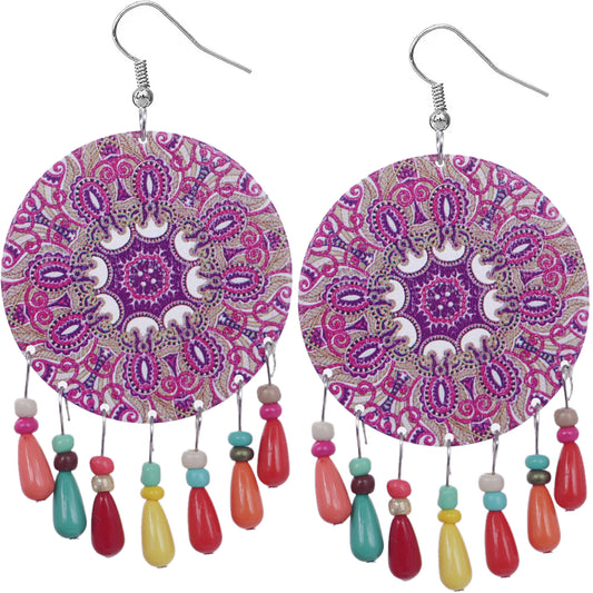 Purple Multicolor Wooden Bead Kaleidoscope Pattern Earrings